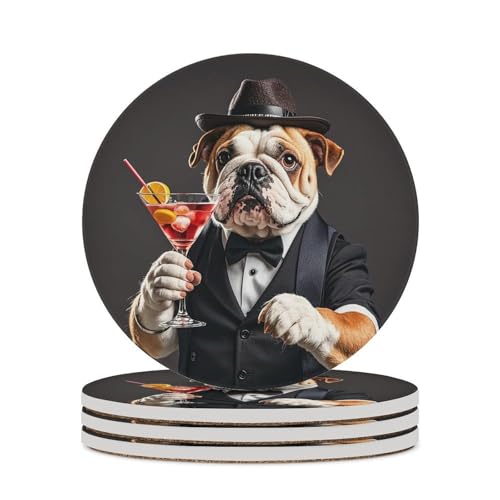 Getränkeuntersetzer, Keramik-Untersetzer, Set mit 4 Stück, Bulldogge mit Martini in der Hand, runde Untersetzer für Getränke, Tischschutz, Tassenmatte, Dekoration, Tassenunterlage für Couchtisch von BTCOWZRV