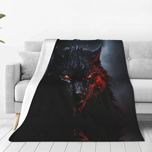 Großer schwarzer Wolf mit roten Augen, ultraweiche Micro-Fleece-Decke, weich, bequem, warm, gemütlich, Plüschdecke, leicht, flauschige Decken für Couch, Bett, Wohnzimmer, Camping, 101,6 x 76,2 cm von BTCOWZRV