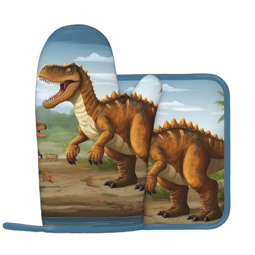 Jurassic Period Dinosaurier-Ofenhandschuhe und Topflappen, 2 Stück, für Küche, hitzebeständig, rutschfest, Ofenhandschuhe, Hot Pads, lustiger Ofenhandschuh, Topflappen zum Kochen, Grillen, Backen, von BTCOWZRV