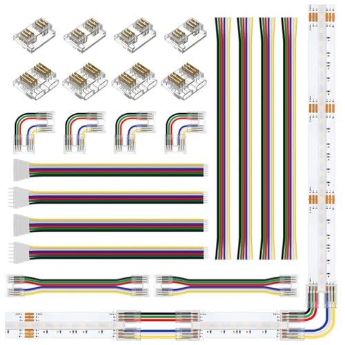 BTF-LIGHTING FCOB 12 mm 6-poliges Anschluss-Set für COB RGBCCCT LED-Lichtstreifen, L-förmig/doppelendig, mit Draht, lückenlos/Streifen auf Draht/6-poliger JST-Stecker, 6-Leiter, 24-AWG-Draht von BTF-LIGHTING