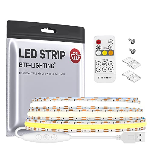 BTF-LIGHTING FCOB COB CCT USB LED Streifen Kit 1M 640LEDs/m Weiß PCB DC5V IP30 Nicht Wasserdicht LED Strip mit RF-Fernbedienung und 2pc Befestigungsclips und Schrauben für DIY Heimdekoration von BTF-LIGHTING