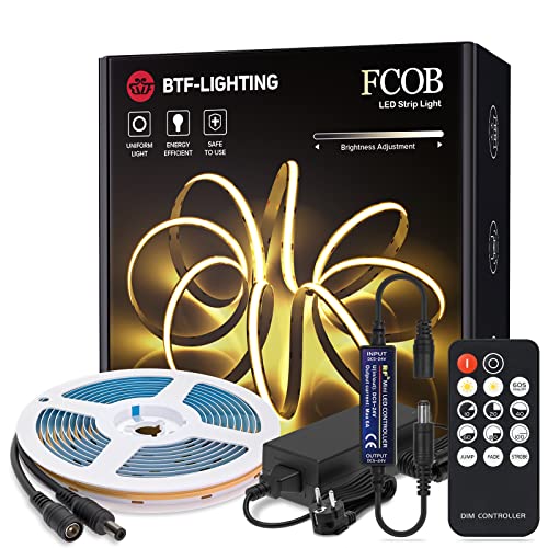 BTF-LIGHTING FCOB COB 24V Kit Flexibel Hohe Dichte LED-Streifen Warmweiß 3000K 5M 360LEDs/M 8mm Breite mit RF14 Tasten dimmbar Controller FOB CRI90+ LED Strip für Haus Innen DIY mit AC Stromverorgung von BTF-LIGHTING