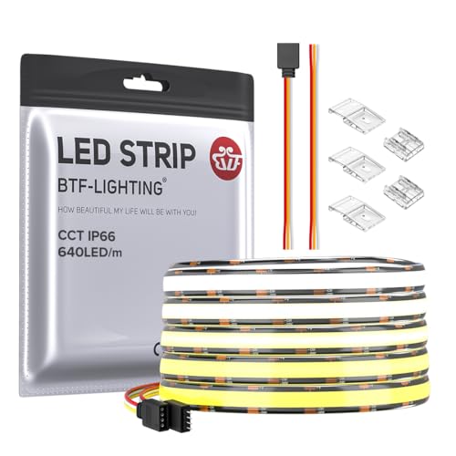 BTF-LIGHTING FCOB COB CCT LED-Streifen 3000K-6000K CCT Drehbar DC24V 5M 640LEDs/m 14W/M 10mm Schwarz PCB Flexibles Hoher Dichte LED-Band IP66 Wasserdicht für Innenraum Dekoration (nur Streifen) von BTF-LIGHTING