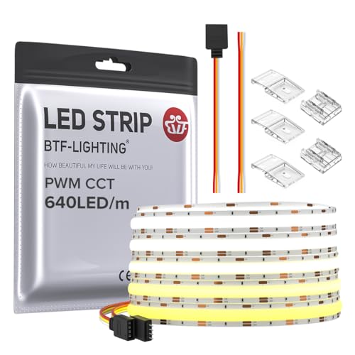 BTF-LIGHTING FCOB COB FOB Flexibler High Density CCT LED Streifen 5M 640LEDs/m Abstimmbar 3000K-6000K CRI＞90 Dimmbares verformbares LED-Lichtband für Schlafzimmerküche Innendekoration DC24V 14W/M von BTF-LIGHTING