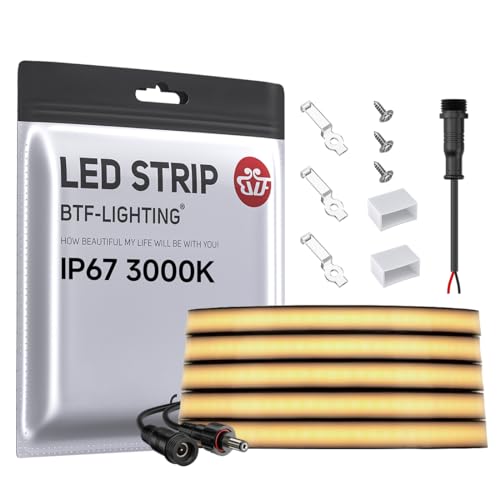 BTF-LIGHTING FCOB COB Flexible hohe Dichte Einfarbige LED-Streifen Warmweiß 3000K DC24V 5M 480LEDs/M 9W/M 10mm Schwarzes PCB Dimmbares LED IP67 Wasserdicht für DIY Dekoration (nur Streifen) von BTF-LIGHTING