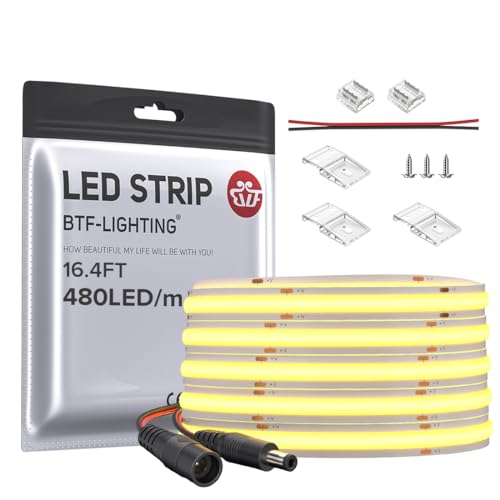 BTF-LIGHTING FCOB Flexibel Hohe Dichte LED Streifen 5M 480LEDs Kaltweiß 9W/M 24V Dimmbar Verformbar FOB COB LED Licht Band für Schlafzimmer Küche Raum Innendekoration(Nur Streifen) von BTF-LIGHTING