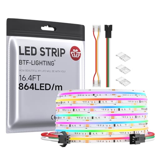 BTF-LIGHTING FCOB COB RGB WS2811 IC Adressierbares LED-Streifen DC24V 5M 864LEDs/M 26W/M 12mm Weiß PCB Chasing Farbe Flexibel Hohe Dichte LED-Band IP30 Nicht Wasserdicht (nur Streifen) von BTF-LIGHTING