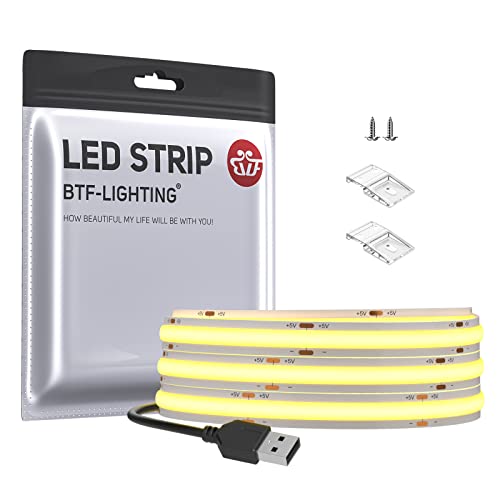 BTF-LIGHTING FCOB USB LED Streifen Kaltweiß COB FOB 2m 320LEDs/m LED Strip DC5V RA>90 ohne Dimmer Flexibel hohe Dichte für TV PC Hintergrundbeleuchtung Schlafzimmer DIY Dekoration Inneneinrichtung von BTF-LIGHTING