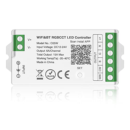 BTF-LIGHTING C05W RGBCCT RGB+Warmweiß+Kaltweiß 2,4 GHz WiFi LED Streifen Controller Gruppensteuerung Kompatibel mit Alexa Google Home APP Steuerung Funktioniert mit WR01RF RC03RFB Fernbedienung von BTF-LIGHTING