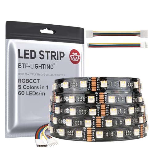 BTF-LIGHTING RGBCCT 5 Farben in 1 5050SMD LED Streifen DC12V 5M 60LEDs/m 300LEDs RGB+Warmweiß+Kaltweiß Schwarz PCB IP30 Nicht-Wasserdicht für Innen Dekoration(Controller und Netzteil nicht enthalten) von BTF-LIGHTING