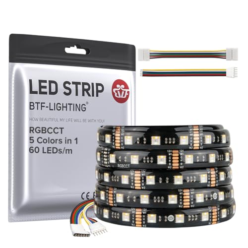 BTF-LIGHTING RGBCCT 5 Farben in 1 5050SMD LED Streifen DC12V 5M 60LEDs/m 300LEDs RGB+Warmweiß+Kaltweiß Schwarz PCB IP65 Wasserdicht für Zimmer Küche Dekoration(Controller und Netzteil nicht enthalten) von BTF-LIGHTING