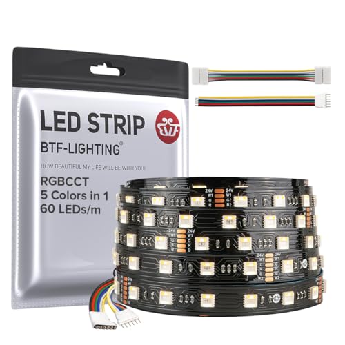BTF-LIGHTING RGBCCT 5 Farben in 1 5050SMD LED Streifen DC24V 5M 60LEDs/m 300LEDs RGB+Warmweiß+Kaltweiß Schwarz PCB IP30 Nicht-Wasserdicht für Innen Dekoration(Controller und Netzteil nicht enthalten) von BTF-LIGHTING