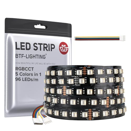 BTF-LIGHTING RGBCCT 5 Farben in 1 5050SMD LED Streifen DC24V 5M 96LEDs/m 480LEDs RGB+Warmweiß+Kaltweiß Schwarz PCB IP30 Nicht-Wasserdicht für Innen Dekoration(Controller und Netzteil nicht enthalten) von BTF-LIGHTING