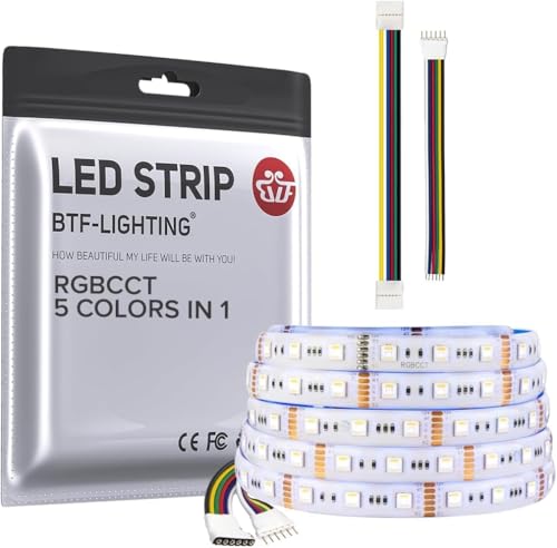 BTF-LIGHTING RGBCCT 5050SMD RGBWW 5in1 5M 60LEDs/m 300LEDs RGB+Kaltweiß+Warmweiß LED Streifen IP65 Wasserdicht Weiß PCB 5 Farbe in 1 DC12V für Zimmer Garten Heimdekoration(Nur LED-Streifen) von BTF-LIGHTING