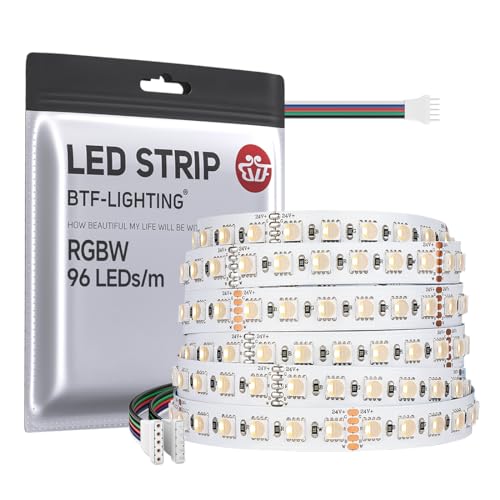 BTF-LIGHTING RGBWW LED Streifen 5050SMD RGBW 4IN1 LED-Band RGB+Warmweiß (2700-3000K) 24V 5M 96LEDs/m 480LEDs Weiß PCB IP30 NICHT wasserdicht für Innenbeleuchtung (nur LED Streifen) von BTF-LIGHTING