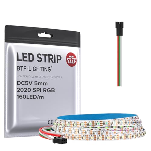 BTF-LIGHTING SMD2020 RGB IC Individuell Adressierbare LED-Streifen DC5V 1M 160LEDs 5mm Breite Schmales Band Flexible Traumfarbe Dünnes Seil IP30 Nicht Wasserdicht für DIY Dekoration (nur Streifen) von BTF-LIGHTING