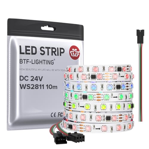 BTF-LIGHTING WS2811 DC24V 10M adressierbare RGB LED Streifen 600LEDs 100Pixel Volle Farbe Traumfarbe Weiß PCB IP30 Nicht wasserdicht Kompatibel mit Arduino/Respberry/usw Spannungsabfall verhindern von BTF-LIGHTING