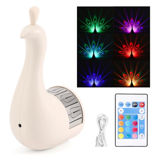 BTFO Pfauen-Wandleuchte, 19,5 x 10 x 8 cm 7-Farbige LED-Pfauen-Projektionslampe mit Fernbedienung Wiederaufladbares Nachtlicht per USB für Die Inneneinrichtung im Wohnzimmer Schlafzimmer Büro (Weiß) von BTFO