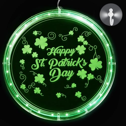 St. Patrick's Day Fensterlichter, Irisches Grünes Kleeblatt Lichterkette Hintergrund Batteriebetrieben für St. Patrick's Day Innen- und Außendekoration (Batterien Nicht Im Lieferumfang Enthalten) von BTFO