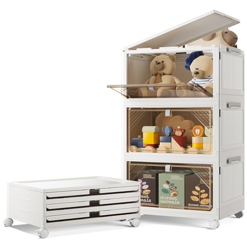 BTGGG 3 Tier Aufbewahrungsbox mit Deckel, 22L*3 Stapelboxen Kisten Aufbewahrung mit Deckel, Kunststoff-Aufbewahrungsbox Faltbare Aufbewahrungsbehälter mit Rollen und Türen, Storage Boxes Organizer von BTGGG