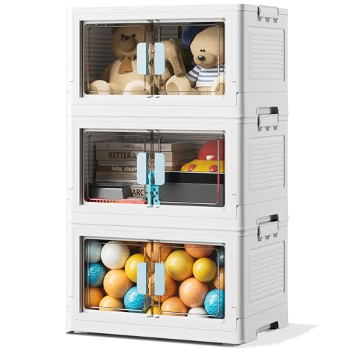 BTGGG 3er Pack Aufbewahrungsbox mit Deckel Groß 50L*3 Stapelbare Kunststoff Faltbare Aufbewahrungsbox, Vordertüröffnung für einfachen Zugang, Bewegliche Behälter für Kleiderschrank Spielzeug von BTGGG
