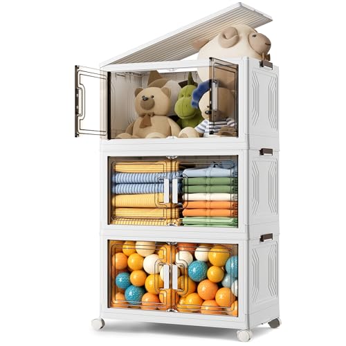 BTGGG 3er Pack Aufbewahrungsbox mit Deckel 54L*3 Stapelbare Aufbewahrungsboxen Kunstoffboxen Klappbox Plastikbox mit Deckel, Faltbare Aufbewahrungsbehälter Aufbewahrungsboxen mit Türen und Rollen von BTGGG