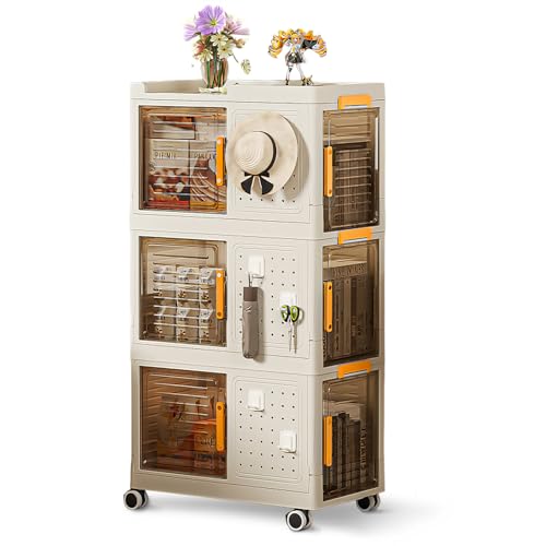 BTGGG 3er Pack Aufbewahrungsbox mit Deckel Groß 64L*3 Stapelboxen kunststoffboxn mit Türen, Große Faltbare Ordnungsboxen mit Lochplatten-Design, Bewegliche Lagerboxen mit Rollen für Spielzeug Bücher von BTGGG