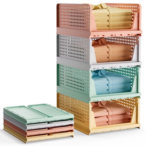 BTGGG 4 Stück Kleiderschrank Organizer Mix-Color Stapelbar Schrank Organizer Plastik Kleiderschrank Aufbewahrungsbox, Leicht ausziehbare Schubladenteiler für Kleidung Schrank Speisekammer Wäscherei von BTGGG