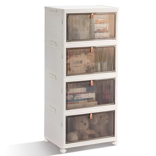 BTGGG 4 Tier Aufbewahrungsbox mit Deckel, 20L*4 Kunstoffboxen Aufbewahrungsboxen Stapelbar Plastikboxen Klappbox mit Deckel, Faltbare Aufbewahrungsbehälter Aufbewahrungsboxen mit Türen und Rollen von BTGGG