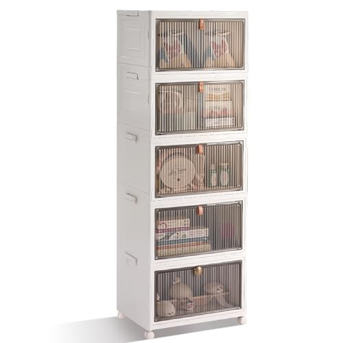 BTGGG 5 Tier Aufbewahrungsbox mit Deckel, 20L*5 Kunstoffboxen Aufbewahrungsboxen Stapelbar Plastikboxen Klappbox mit Deckel, Faltbare Aufbewahrungsbehälter Aufbewahrungsboxen mit Türen und Rollen von BTGGG
