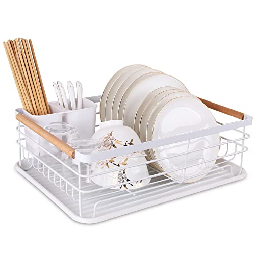 BTGGG Abtropfgestell Geschirr Weiß Dish Drainer Geschirrabtropfgestell mit Abtropfschale & Besteckhalter Geschirrständer Abtropfgestell für Küche Spüle 43 x 30,5 x 14 cm von BTGGG