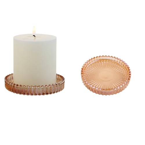 BTGLLAS Kerzenhalter-Sets – 2er-Set, 9,5 cm, bernsteinfarbene Glas-Kerzenhalter-Teller – eleganter Stumpenkerzenhalter für Hochzeits- und Urlaubsdekoration (BernsteinP2 Stück) von BTGLLAS