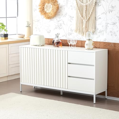 BTM 1.5m weißes modernes minimalistisches Sideboard, Aufbewahrungsschrank, Wellenmuster-Design, verstellbare Einlegeböden, 3 Schubladen, geeignet für Küche, Wohnzimmer, Korridor BTM 1.5m weißes modernes minimalistisches Sideboard, Aufbewahrungsschrank, Wellenmuster-Design, verstellbare Einlegeböden, 3 Schubladen, geeignet für Küche, Wohnzimmer, Korridor von BTM