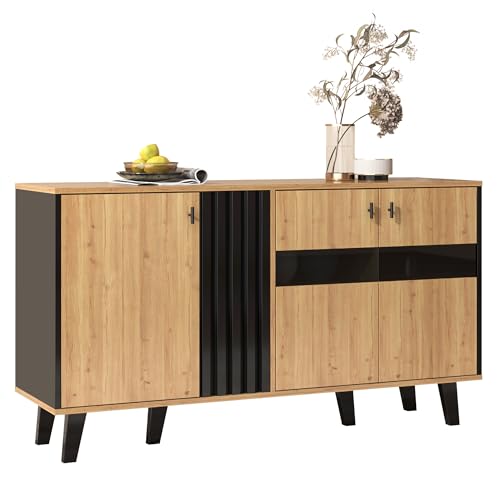 BTM 140 x 80 x 41 cm großes Sideboard, farblich abgestimmtes Design-Sideboard aus Holz und Schwarz mit Stauraum, mit LED-Licht und Glas, vielseitig einsetzbar von BTM