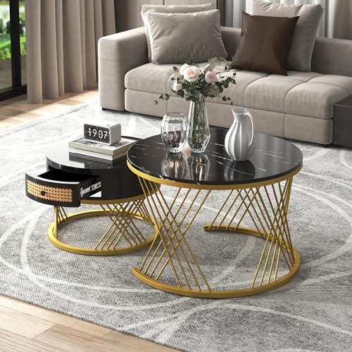 BTM 2 in 1 Runder Couchtisch aus MDF, Beistelltisch mit Tischplatte aus Marmor und Schubladen aus Kunststoff-Rattan, Griffe aus Massivholz. goldene Eisenfüße. 70 * 70 * 45,5+50 * 50 * 38,5cm von BTM