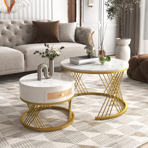 BTM 2 in 1 Runder Couchtisch aus MDF, Beistelltisch mit Tischplatte aus Marmor und Schubladen aus Kunststoff-Rattan, Griffe aus Massivholz. goldene Eisenfüße. 70 * 70 * 45,5+50 * 50 * 38,5cm von BTM