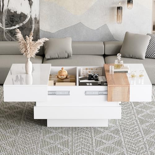 BTM 70 * 70 * 39cm Hochglanz mit ausziehbarer Tischplatte, Beistelltisch, Quadratischer Couchtisch mit verstecktem Stauraum und Trennwänden, weiß + Primärfarbe von BTM