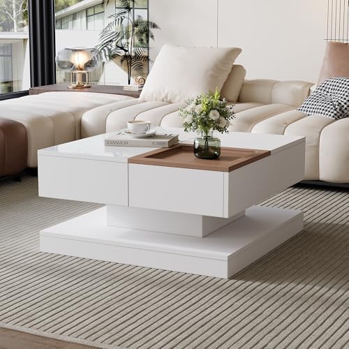 BTM 75.5x75.5x38cm Couchtisch Anhebbarer Multifunktionstisch, Sofatisch mit 4 Fächern, Wohnzimmertisch in Hochglanz, Beistelltisch, kaffeetisch mit Tablett, Geometrischer Tisch, weiß + Holzfarbe BTM 75.5x75.5x38cm Couchtisch Anhebbarer Multifunktionstisch, Sofatisch mit 4 Fächern, Wohnzimmertisch in Hochglanz, Beistelltisch, kaffeetisch mit Tablett, Geometrischer Tisch, weiß + Holzfarbe von BTM