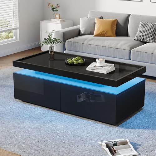 BTM 95x45x35cm Couchtisch,Wohnzimmertisch mit LED, kaffeetisch mit 2 Schubladen, Hochglanz Sofatisch,moderner minimalistischer Tisch,Beistelltisch mit geometrischem Design,Schwarz von BTM