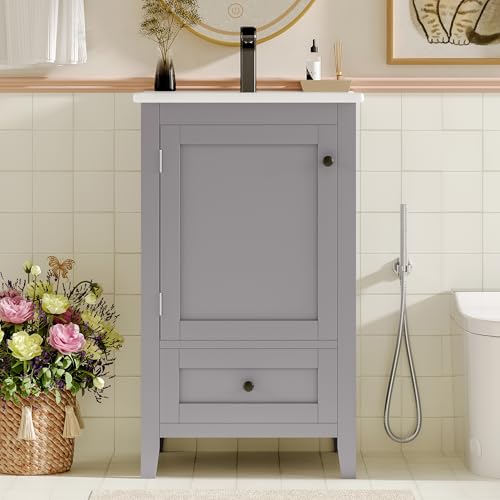 BTM Badezimmerschrank Bodenstehend 51x46x85cm mit Keramikwaschbecken Grau Volllackiert Geräuschlose Schublade Verstellbares Regal Feuchtigkeitsbeständig von BTM
