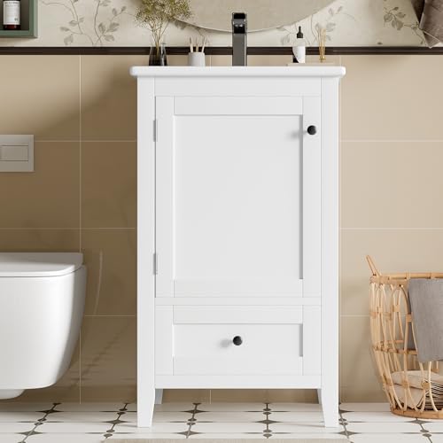 BTM Badezimmerschrank Bodenstehend 51x46x85cm mit Keramikwaschbecken Weiß Volllackiert Geräuschlose Schublade Verstellbares Regal Feuchtigkeitsbeständig von BTM
