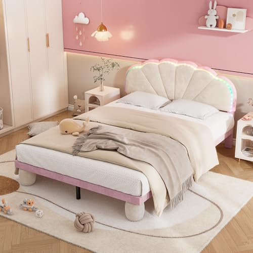 BTM Polsterbett mit mehrfarbigen, wechselnden Lichtstreifen, Kopfteil mit Wellenschliff, mit gepolsterter runden Beine, Kinderbett, Jugendbett mit Holzlatten, Doppelbett, Samt, Beige+Rosa, 140x200cm von BTM