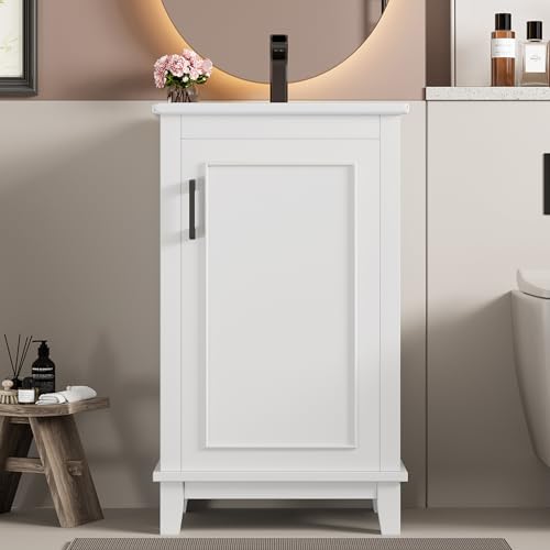 BTM Bodenstehender Badezimmerschrank 51x34x83cm mit Keramikwaschbecken Volllackiert Feuchtigkeitsbeständig Verstellbare Regale Moderner Waschtisch für kleine Badezimmer Weiß von BTM