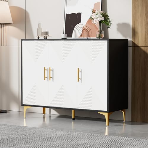 BTM Bohemian Sideboard mit weiß matt gestreiften Türen, goldenen Griffen und Beinen, mit zu öffnenden und zu schließenden Türen, geeignet für Schlafzimmer, Wohnzimmer und Esszimmer BTM Bohemian Sideboard mit weiß matt gestreiften Türen, goldenen Griffen und Beinen, mit zu öffnenden und zu schließenden Türen, geeignet für Schlafzimmer, Wohnzimmer und Esszimmer von BTM