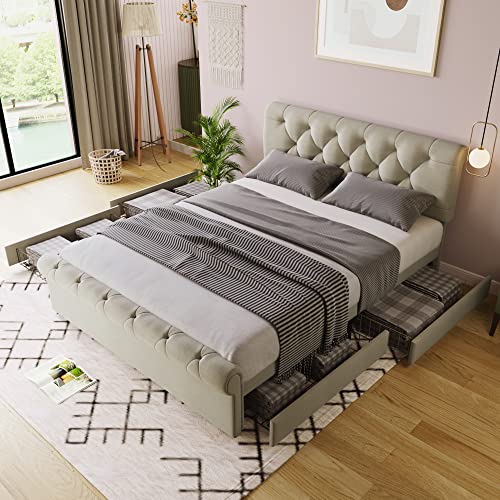 BTM Chesterfield-Bettgestell 140×200 cm mit 4 XL-Schubladen & höhenverstellbarem Kopfteil Polsterbett im klassischen Roll-Design, Leinen-Look, natürliche Farbe, Lattenrost dabei BTM Chesterfield-Bettgestell 140×200 cm mit 4 XL-Schubladen & höhenverstellbarem Kopfteil Polsterbett im klassischen Roll-Design, Leinen-Look, natürliche Farbe, Lattenrost dabei von BTM