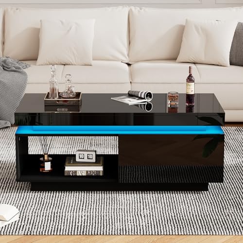BTM Couchtisch, schwarz, glänzend, mit LED-Beleuchtung, Couchtisch, modernes Design, mit Schublade und Unterteilung, rechteckiger Beistelltisch für Wohnzimmer und Schlafzimmer, Traglast 50 kg, 100 x von BTM