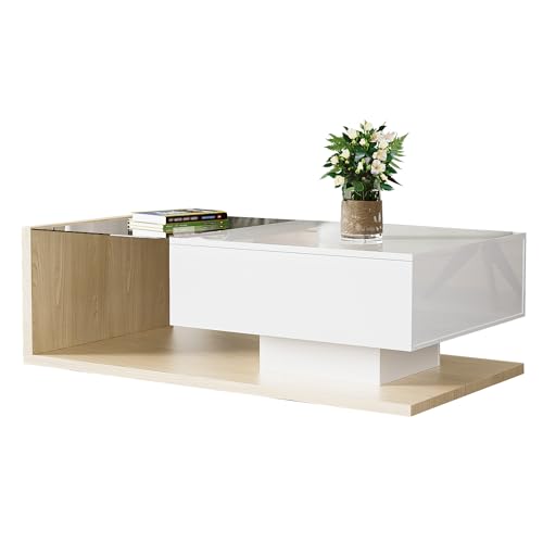 BTM Couchtisch in Hochglanzweiß und Holzfarbkombination. Beistelltische, Couchtische mit Glas und LED-Effekt von BTM