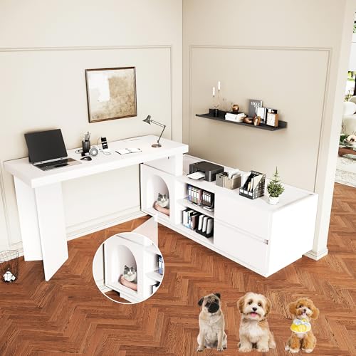 BTM Eckschreibtisch mit integriertem Tierhaus - 120 x 50 cm, MDF, verdickte Platte, L-förmig oder einteilig, Eckschreibtisch für Home Office mit XL-Tierhöhle,L-förmiger Weiß von BTM