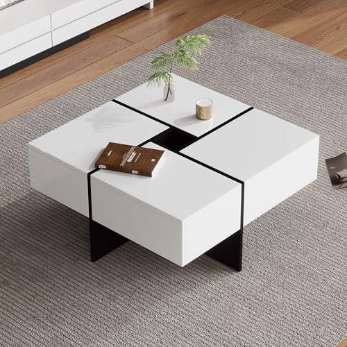 BTM Eleganter Hochglanz-Couchtisch 70 * 70 * 35 cm, schwarz-weißes Design, eingebautes Staufach und 4 robuste Schubladen, maximale Belastbarkeit 30 kg, quadratischer Hochglanz-Couchtisch von BTM