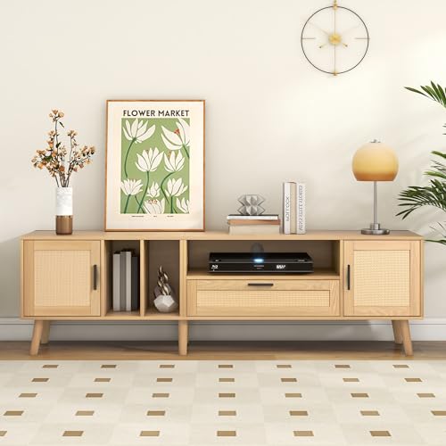 BTM Geräumiger 180-cm-TV-Schrank mit Rattan-Dekoration, 2 Türen und Einer Schublade, Beine aus Massivholz, bietet Platz für einen 80-Zoll-Fernseher, TV-Aufbewahrungsschrank, TV-Schrank BTM Geräumiger 180-cm-TV-Schrank mit Rattan-Dekoration, 2 Türen und Einer Schublade, Beine aus Massivholz, bietet Platz für einen 80-Zoll-Fernseher, TV-Aufbewahrungsschrank, TV-Schrank von BTM
